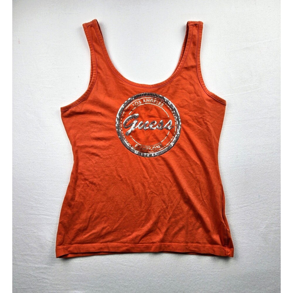 GUESS Womens Orange Sequin Logo Tank Top Y2K 2000s Graphic Shirt Sleeveless L